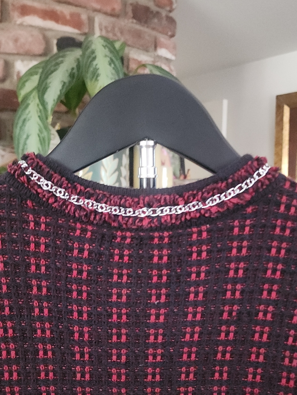 Alice + Olivia Tweed Knit Jacket Burgundy Black Fringe Trim Open Front Blazer - Picture 6 of 12